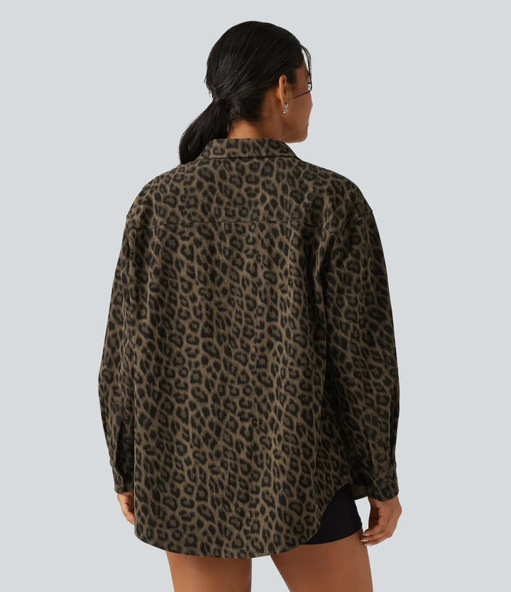 Leopard Print Long Sleeve Corduroy Casual Shirt Jacket with Pocket