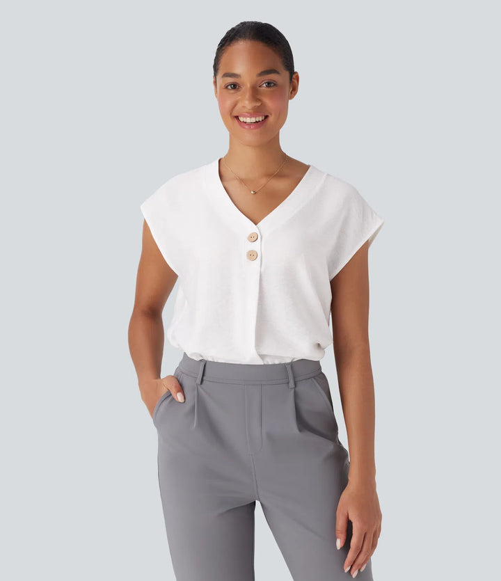 V Neck Cap Sleeve Decorative Button Work Blouse