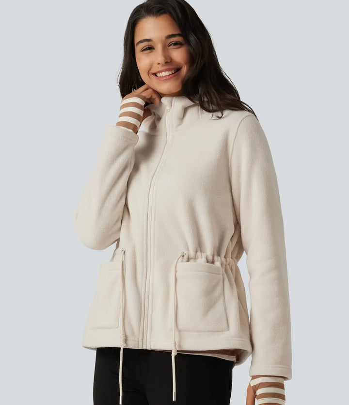 Hooded Drawstring Long Sleeve Casual Sherpa Jacket with Pockets
