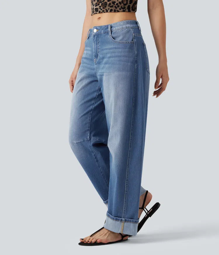 Halara Flex Low Rise Rolled Hem Casual Barrel Leg Jeans with Pockets