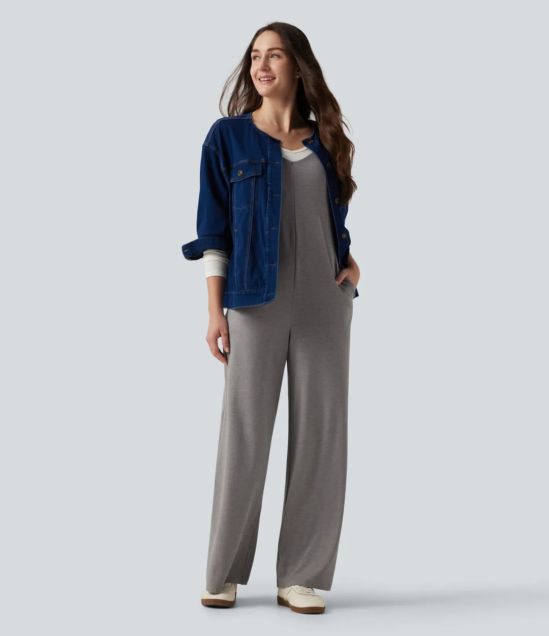 U-Neck Sleeveless Crisscross Back Casual Straight Leg Jumpsuit with Pockets