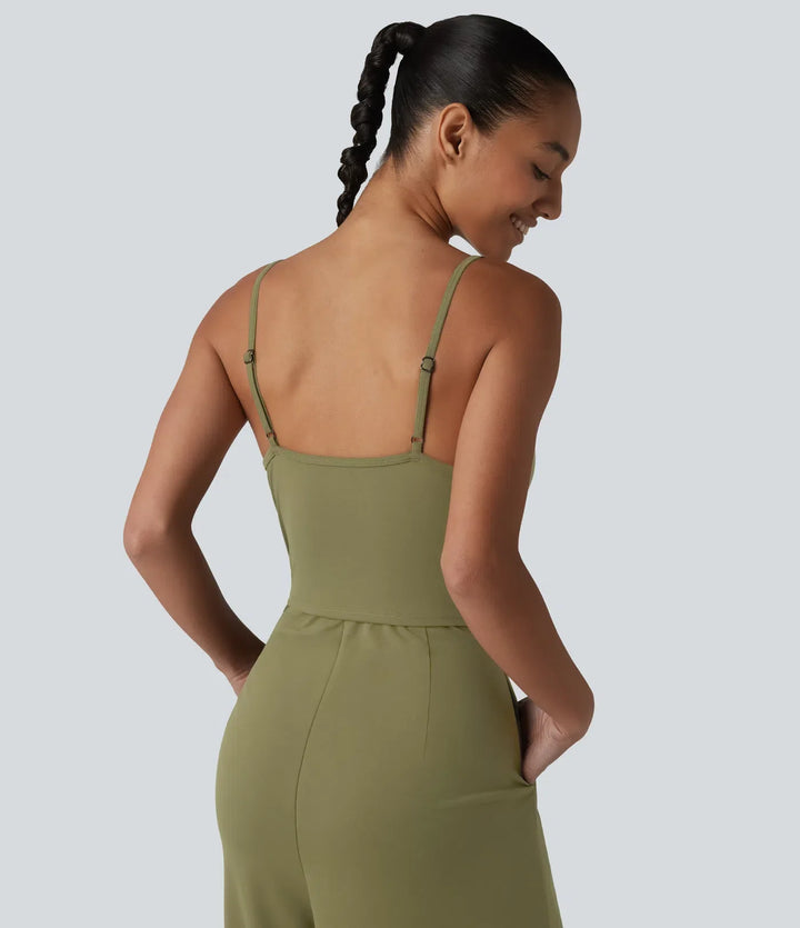 V Neck Built-in Bra Casual Slip Jumpsuit with Pockets-Easy Peezy Edition