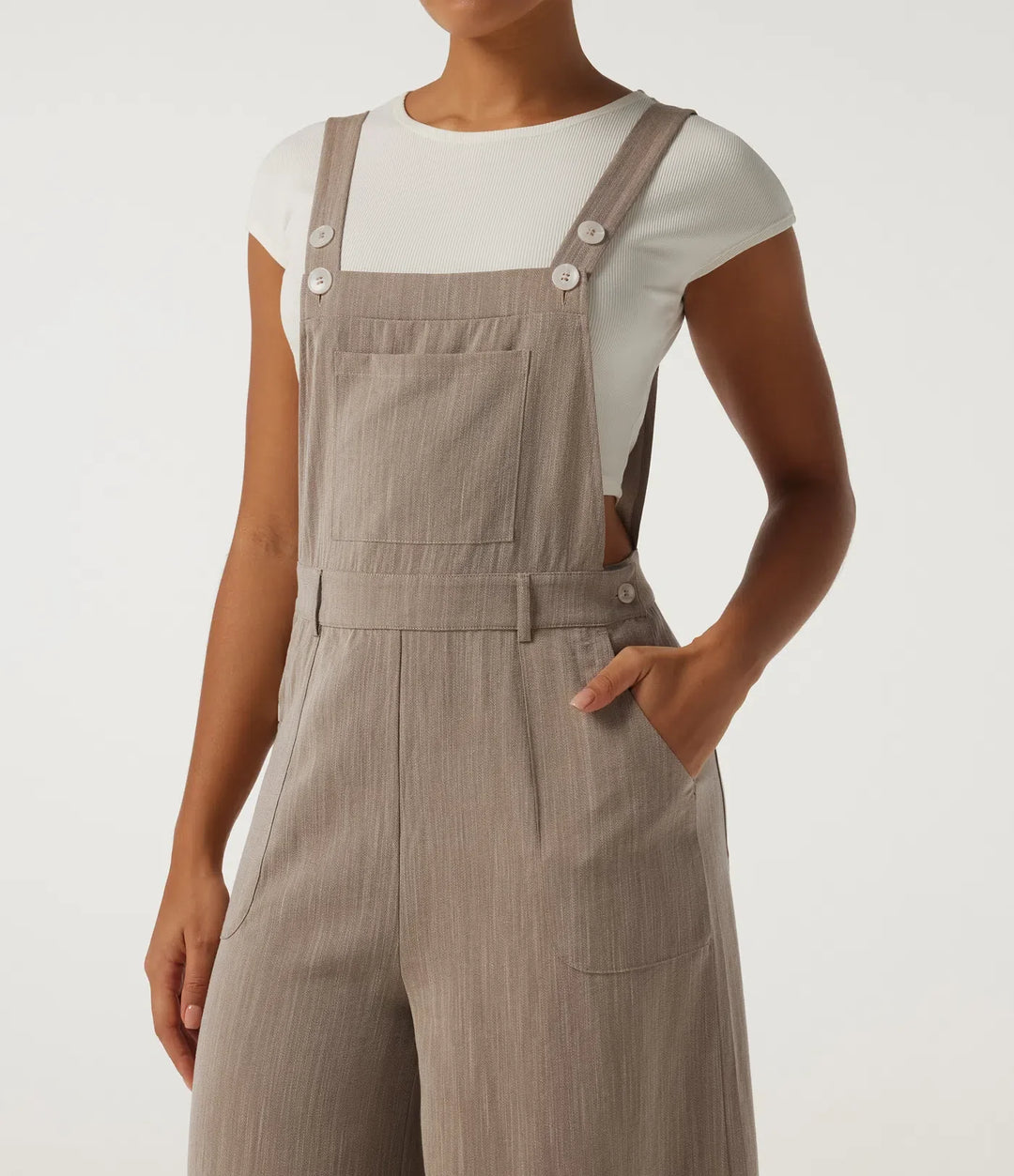 Square Neck Wide Leg Linen-Feel Casual Overalls with Pockets