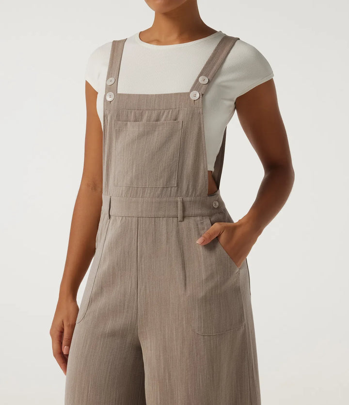 Square Neck Wide Leg Linen-Feel Casual Overalls with Pockets