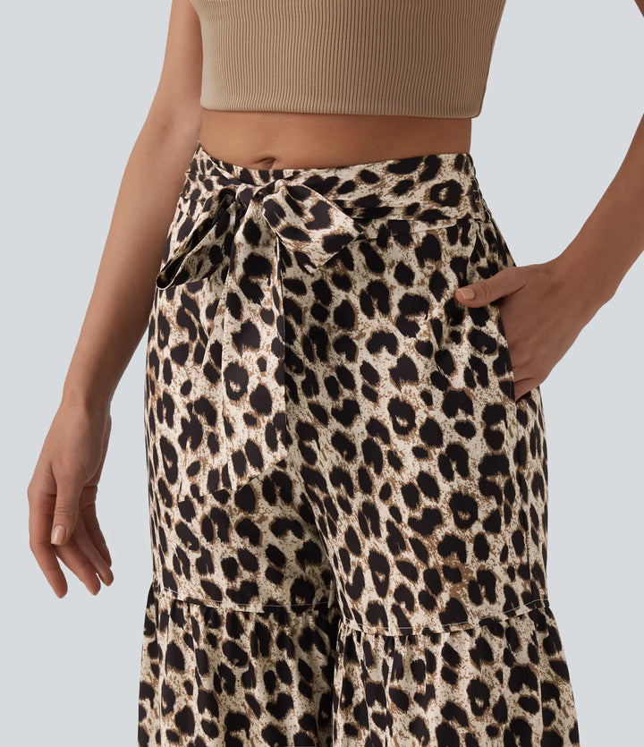 Mid Rise Tie Front Baggy Leopard Print Casual Trousers with Pockets