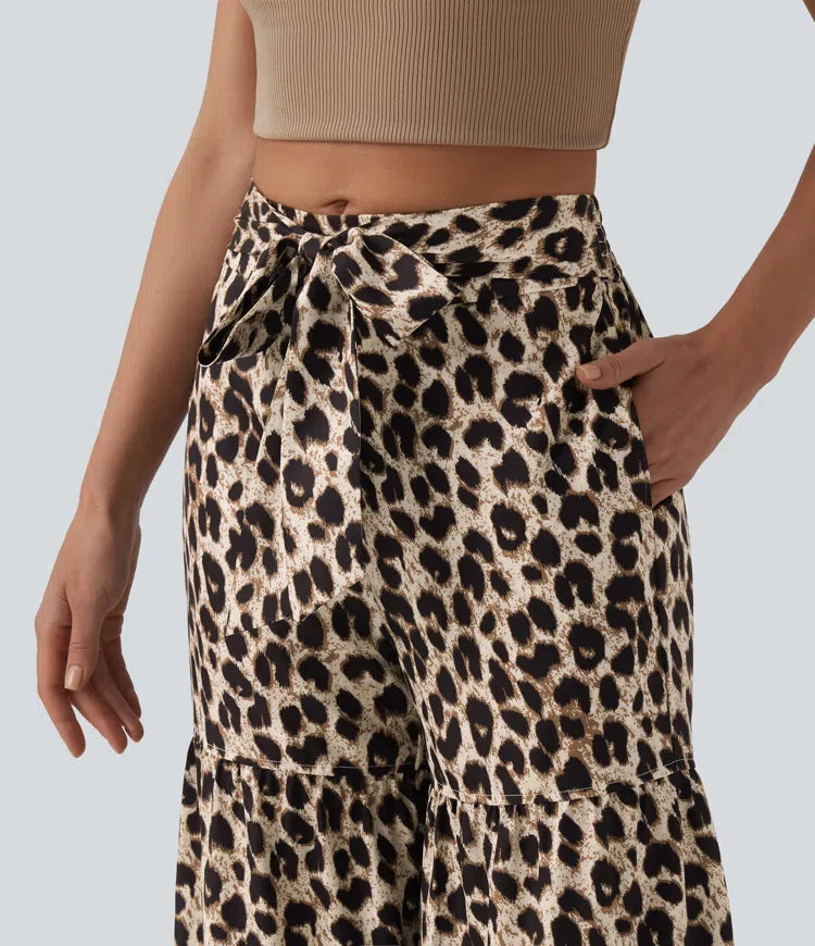Mid Rise Tie Front Baggy Leopard Print Casual Trousers with Pockets
