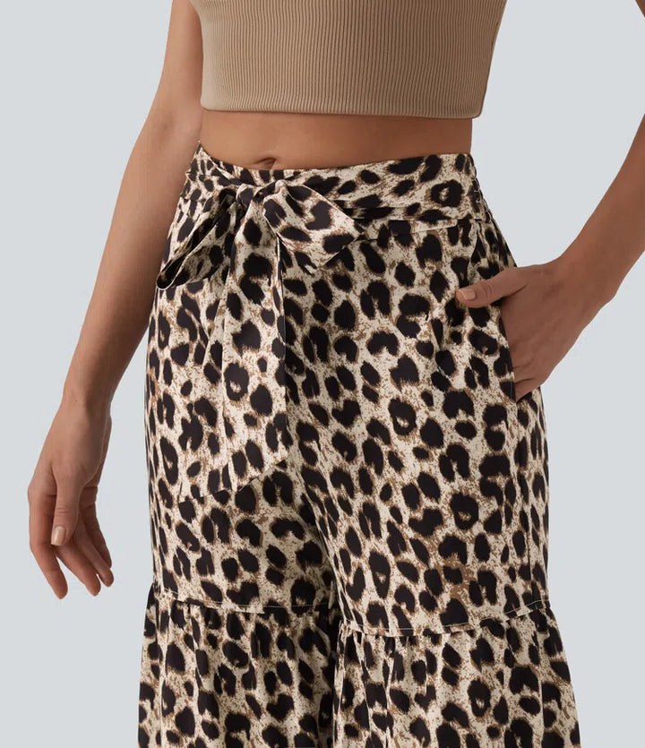 Mid Rise Tie Front Baggy Leopard Print Casual Trousers with Pockets