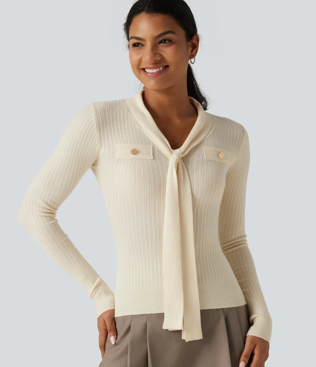 V Neck Long Sleeve Tie Front Slim Work Jumper