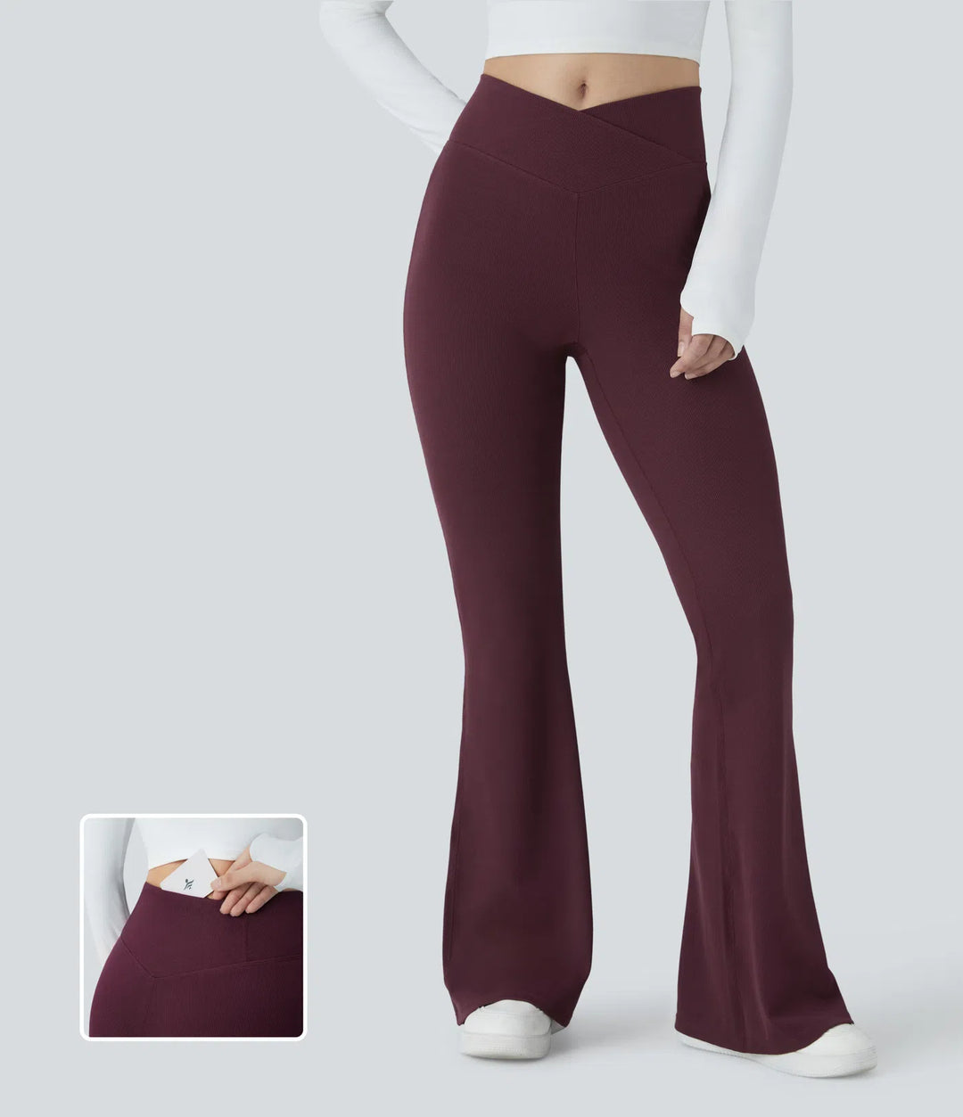 Crossover High Waisted Pocket Waffle Casual Flared Trousers
