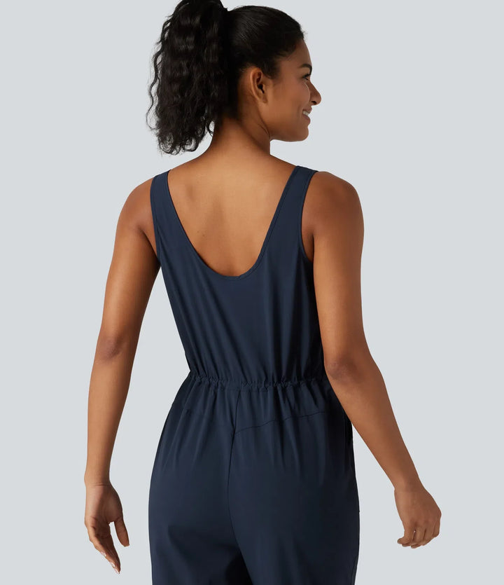 V Neck Drawstring Curved Hem Hiking Jumpsuit with Pockets