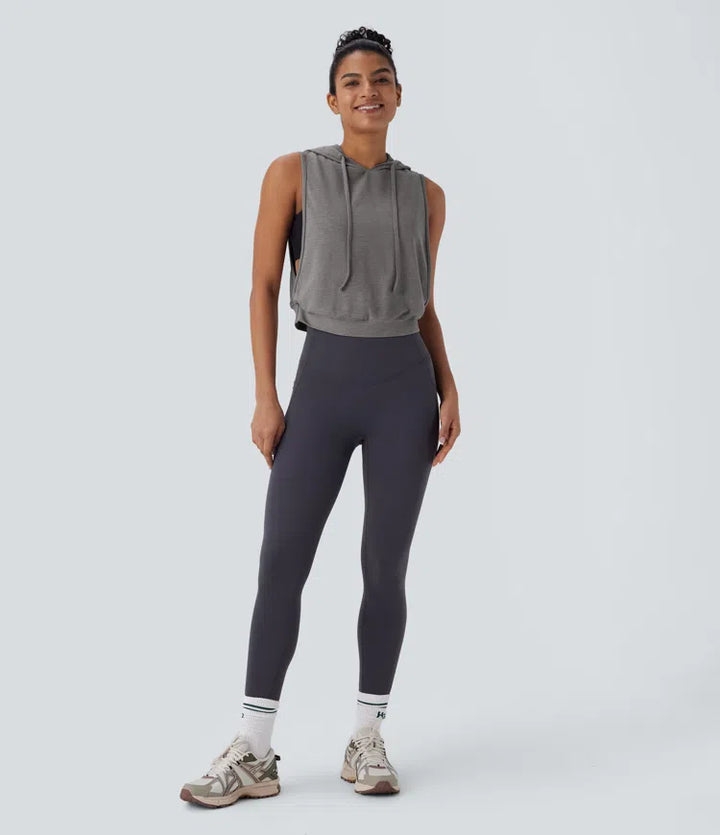 Hooded Drawstring Sleeveless Cropped Running Tank Vest Top