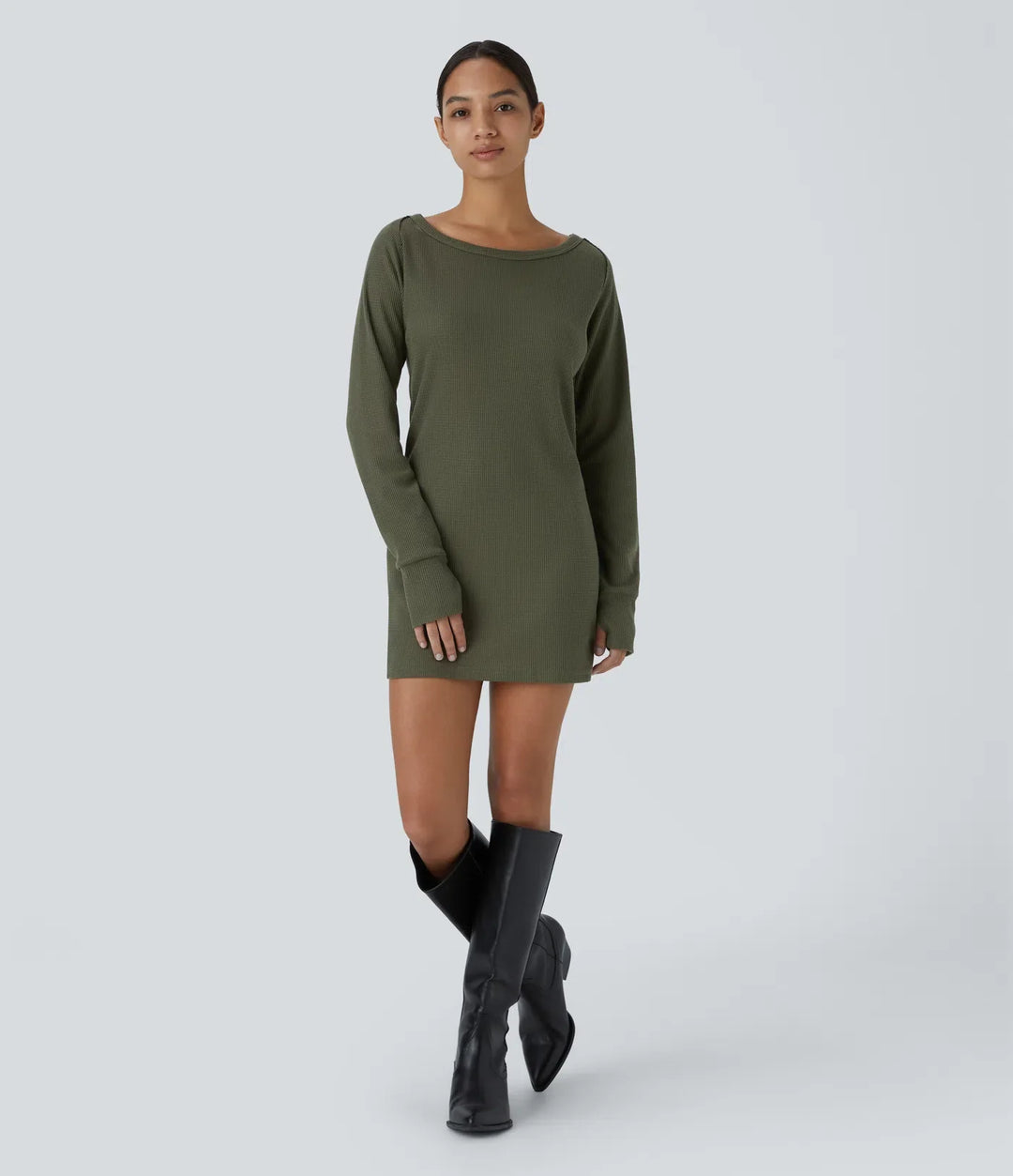 Boat Neck Raglan Sleeve Thumb Hole Hem Waffle Casual Sweatshirt Dress