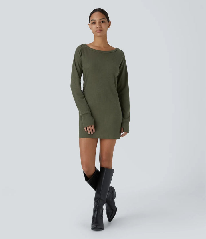 Boat Neck Raglan Sleeve Thumb Hole Hem Waffle Casual Sweatshirt Dress