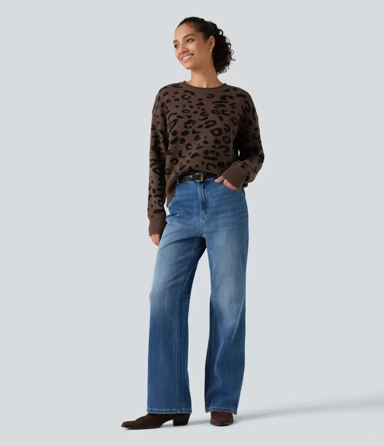 Round Neck Leopard Print Long Sleeve Casual Jumper