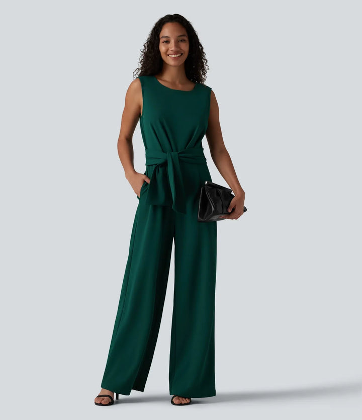 Wrinkle Recovery Boat Neck Sleeveless Tie-side Work Jumpsuit with Pockets-Easy Peezy