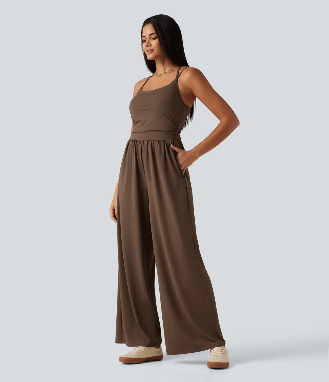 U Neck Sleeveless Crossover Built-in Bra Wide Leg Casual Jumpsuit with Pockets--Easy Peezy