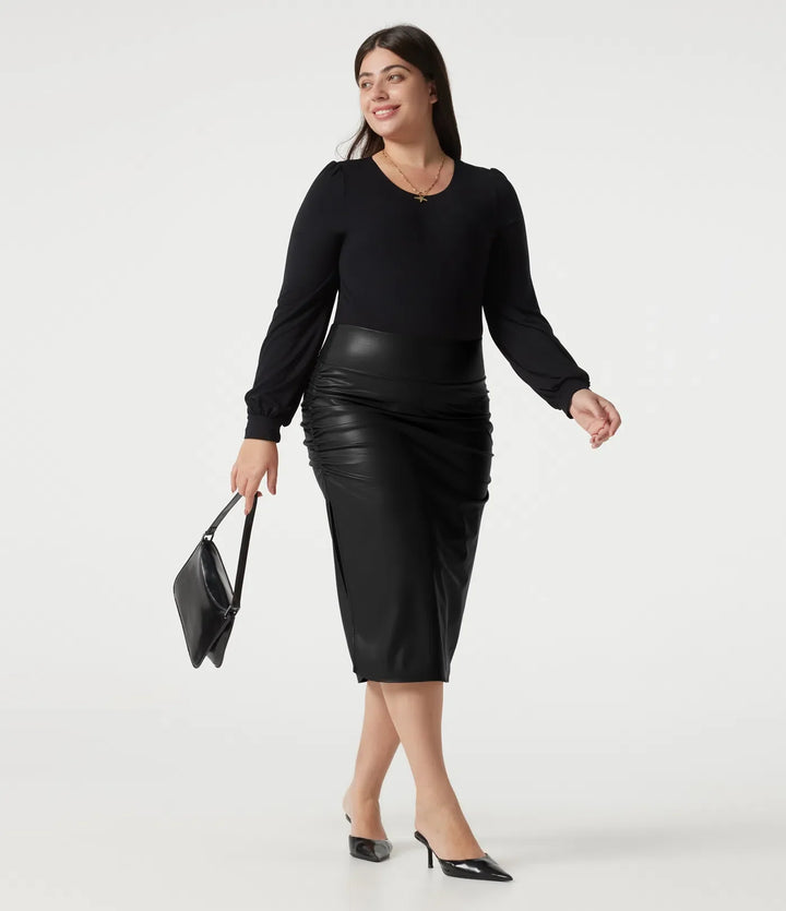 Plus Size High Waisted Tummy Control Ruched Curved Hem 2-in-1 Fleece PU Leather Midi Casual Skirt