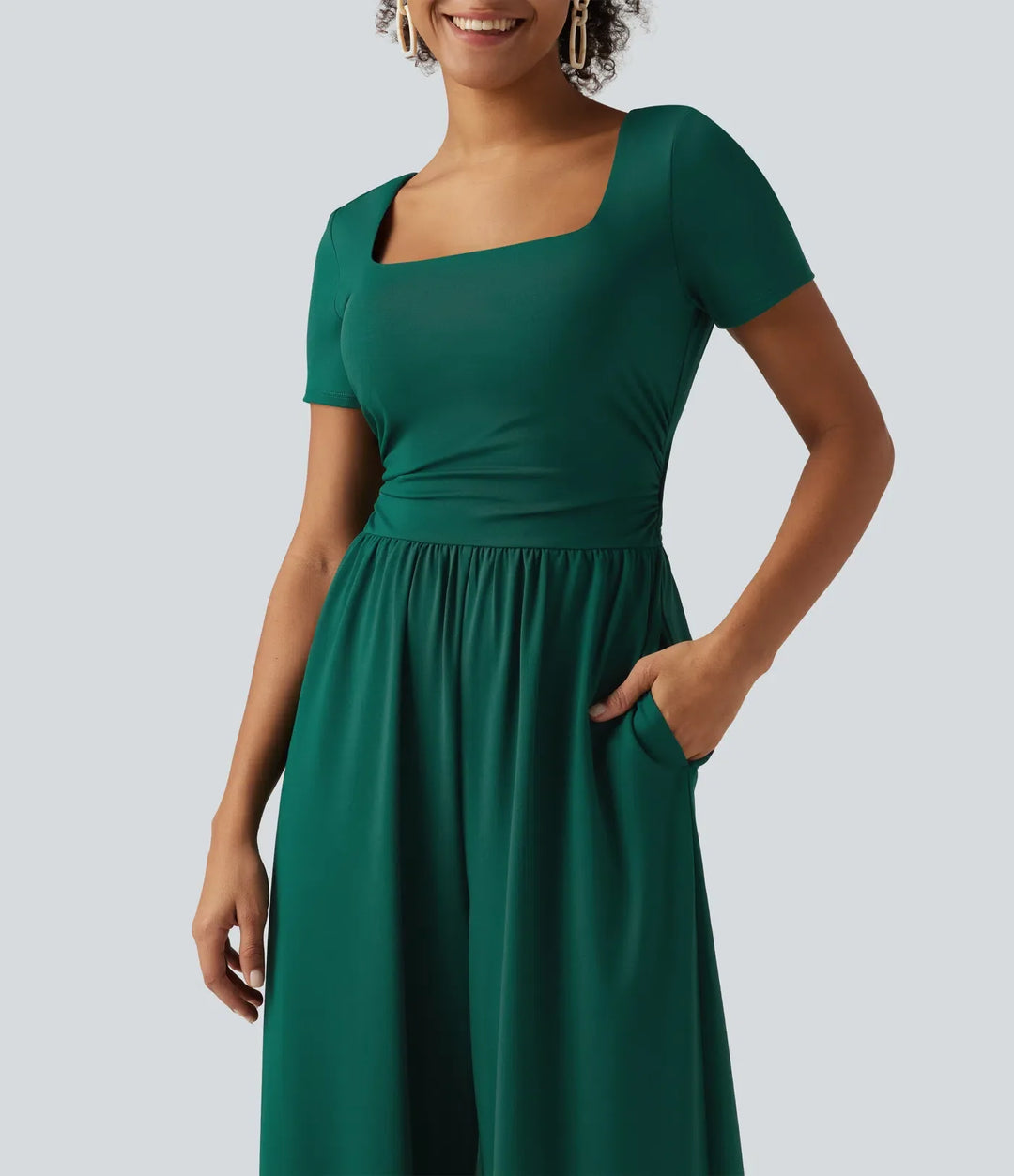 Square Neck Short Sleeve Wide Leg Casual Jumpsuit with Pockets - Easy Peezy Edition