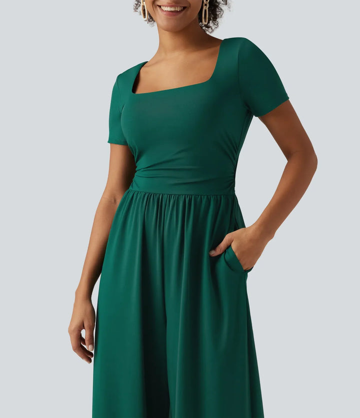 Square Neck Short Sleeve Wide Leg Casual Jumpsuit with Pockets - Easy Peezy Edition
