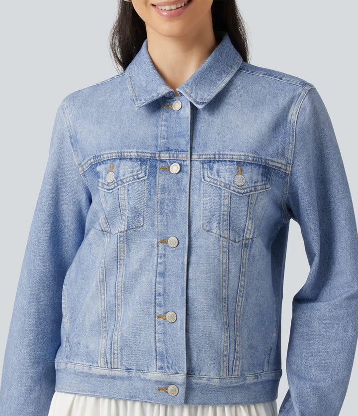 Collared Long Sleeve Denim Print French Terry Casual Jacket with Pockets