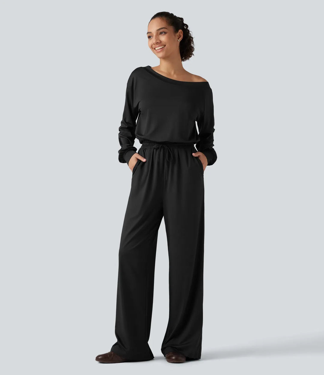 One Shoulder Long Sleeve Drawstring Baggy Casual Jumpsuit with Pockets-Easy Peezy Edition