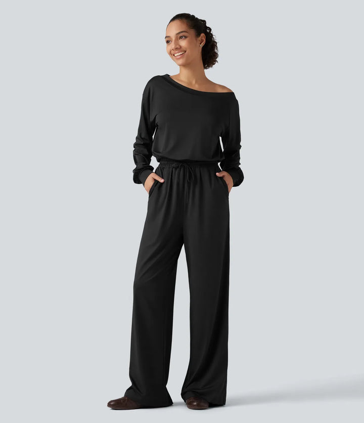 One Shoulder Long Sleeve Drawstring Baggy Casual Jumpsuit with Pockets-Easy Peezy Edition