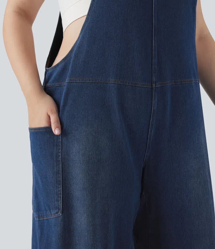 Halara Flex V Neck Washed Denim Casual Plus Size Dungarees with Pockets