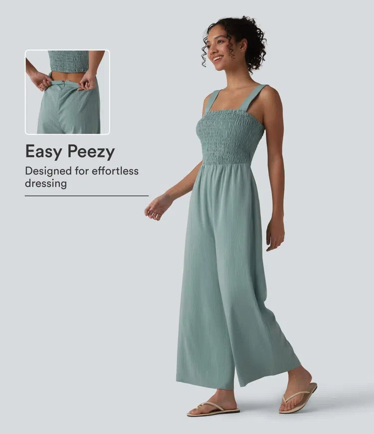 Square Neck Shirred Linen-Feel Jumpsuit-Easy Peezy Edition