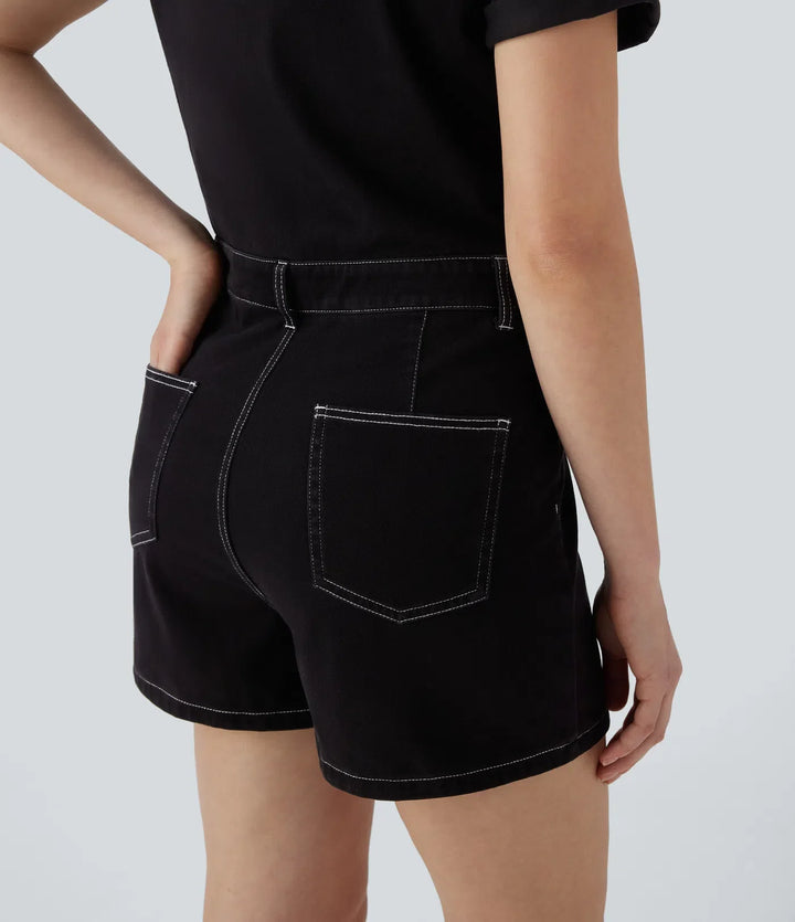 Halara Flex Short Sleeve Washed Denim Casual Utility Romper with Pockets