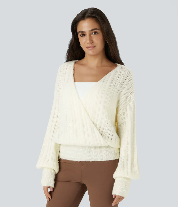 Sheer V Neck Long Sleeve Work Jumper-Front and Back Wearable