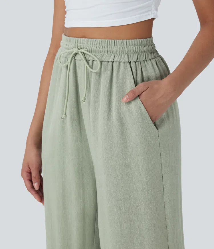 High Waisted Drawstring Wide Leg Cropped Casual Linen-Feel Trousers with Pockets
