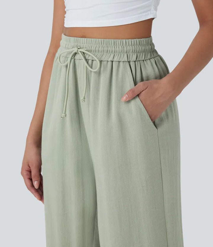 High Waisted Drawstring Wide Leg Cropped Casual Linen-Feel Trousers with Pockets