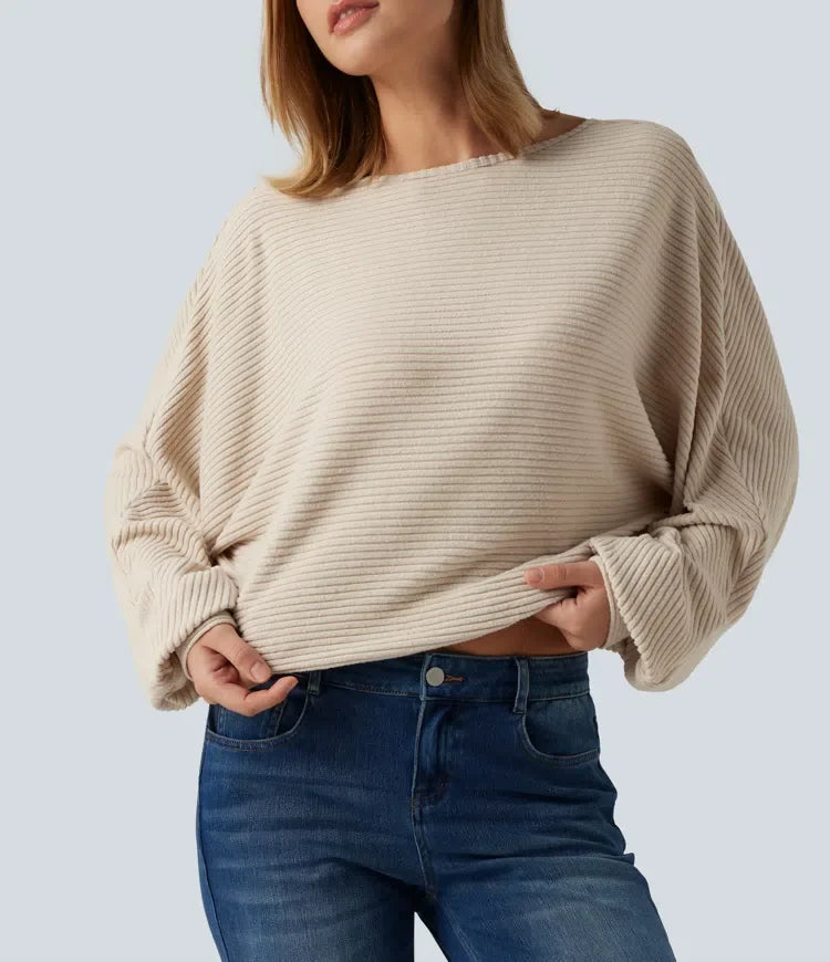 Ribbed Knit Boat Neck Long Sleeve V Back Casual Top