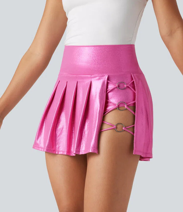 SoftlyZero Faux Leather High Waisted 2-in-1 Pleated Sparkle Foil Print Stretchy Mini Skirt with Pockets