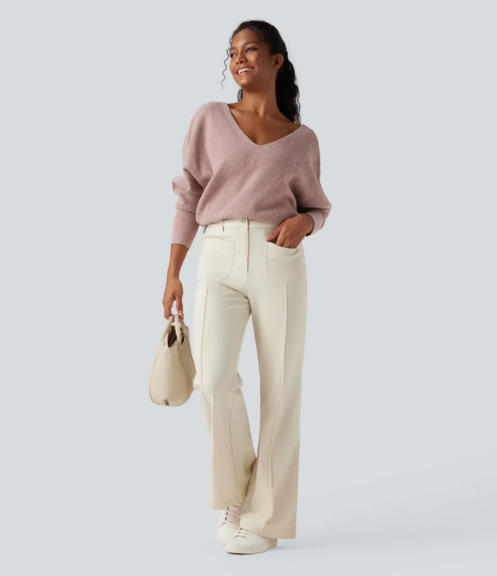 V Neck Long Sleeve Casual Jumper-Front and Back Wearable