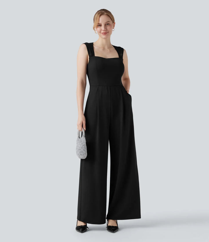 Square Neck Sleeveless Contrast Lace Bridesmaid And Wedding Guest Jumpsuit with Pockets-Easy Peezy