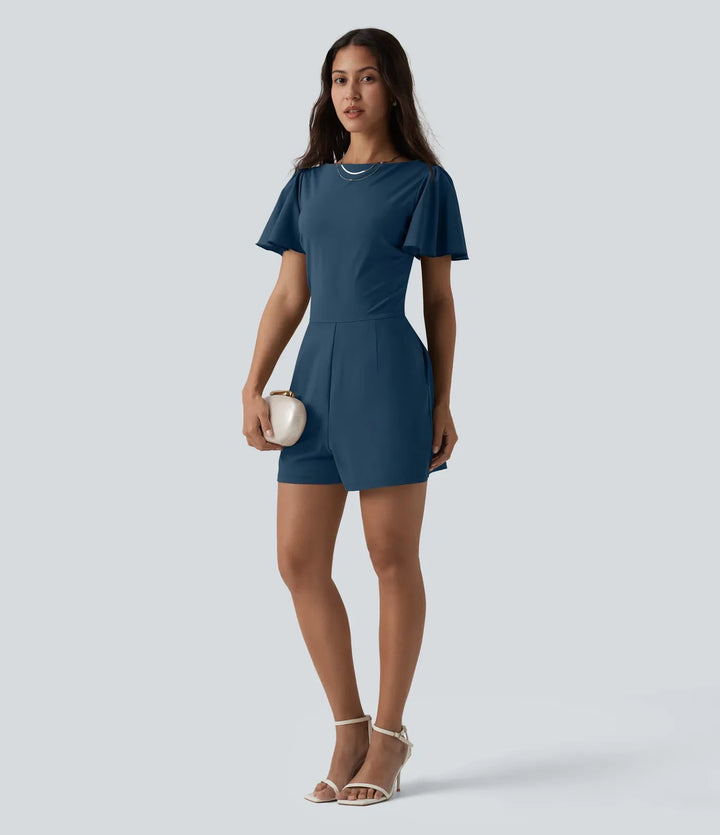 SoftlyZero Airy Flounce Short Sleeve Tie Back InstantCool Casual Romper with Pockets-Easy Peezy Edition