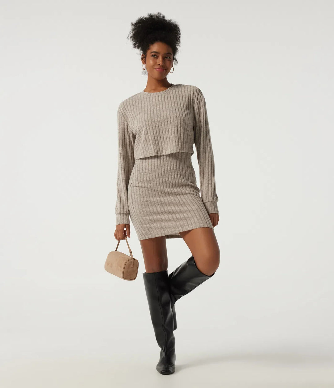 Ribbed Knit Round Neck Long Sleeve 2-Piece Bodycon Mini Casual Dress