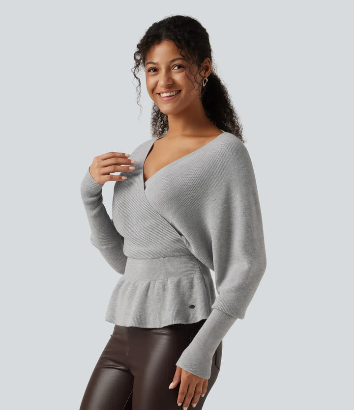 V Neck Batwing Long Sleeve Cut Out Casual Jumper