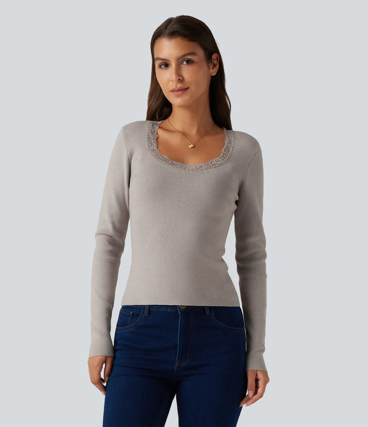 Round Neck Long Sleeve Contrast Lace Casual Jumper