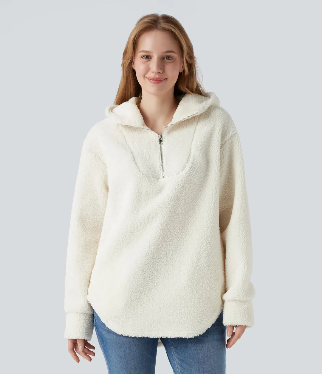 Hooded Half Zipper Curved Hem Oversized Casual Sherpa Sweatshirt with Pockets