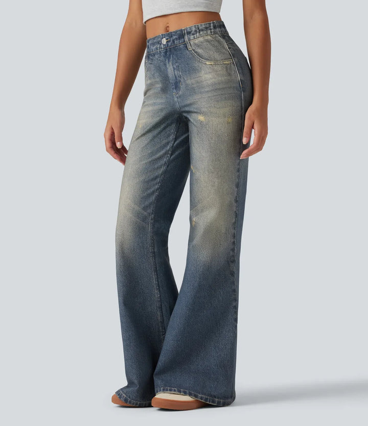 Mid Rise Denim Print Casual Flare Jeans with Pockets