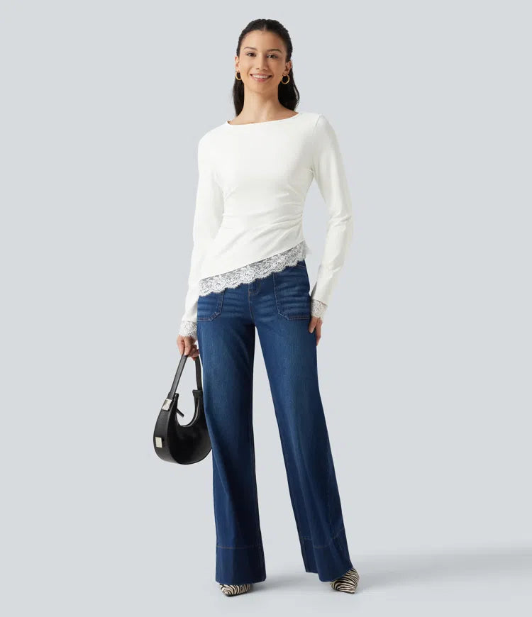 Boat Neck Long Sleeve Contrast Lace Asymmetric Hem Casual Top
