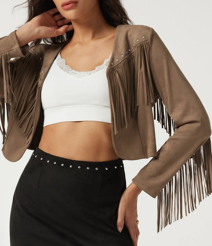 V Neck Long Sleeve Fringe Suede Casual Blazer