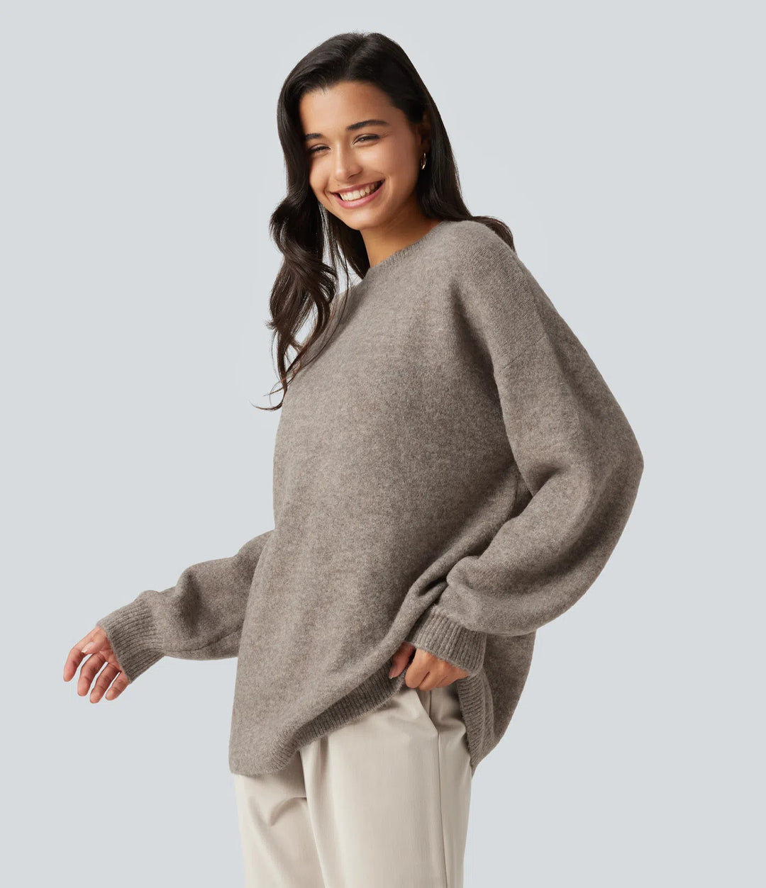 Round Neck Dropped Long Sleeve Work Wool-Blend Jumper