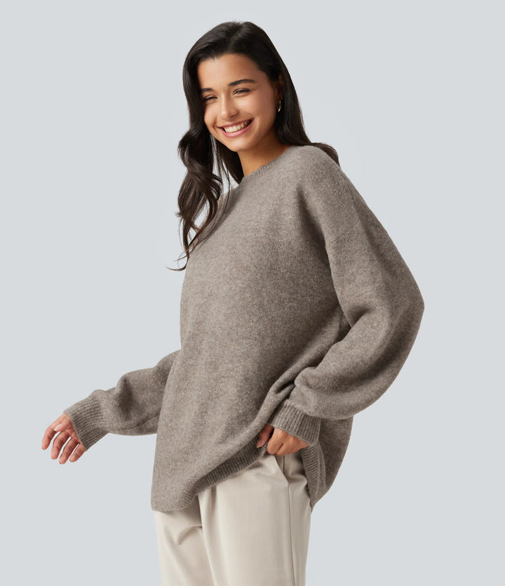 Round Neck Dropped Long Sleeve Work Wool-Blend Jumper