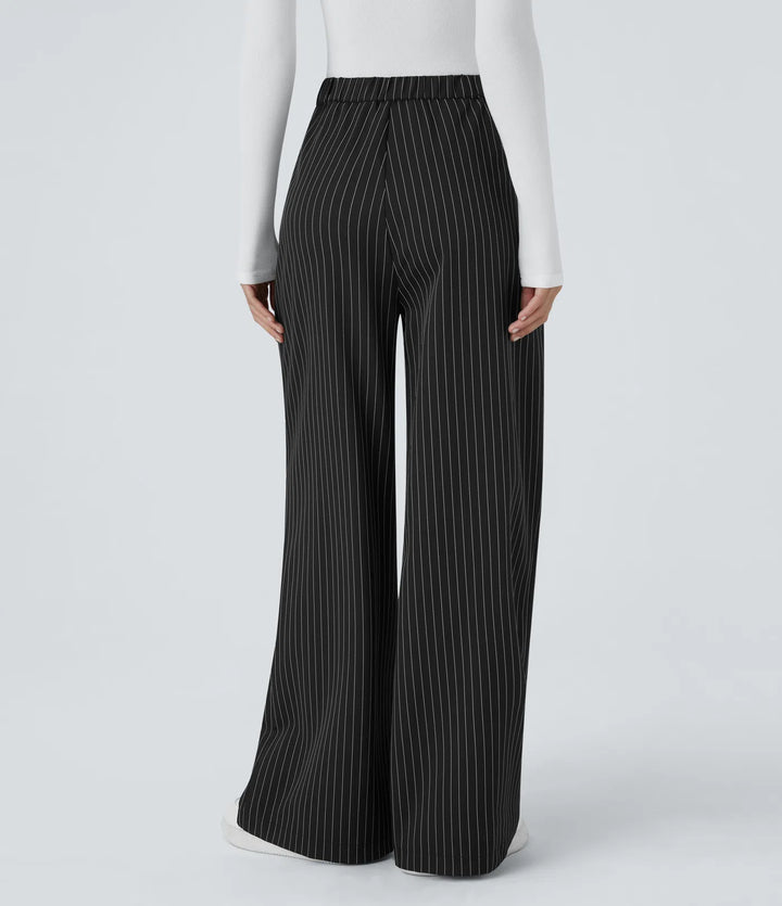 High Waisted Zipper Pocket Wide Leg Striped Work Trousers