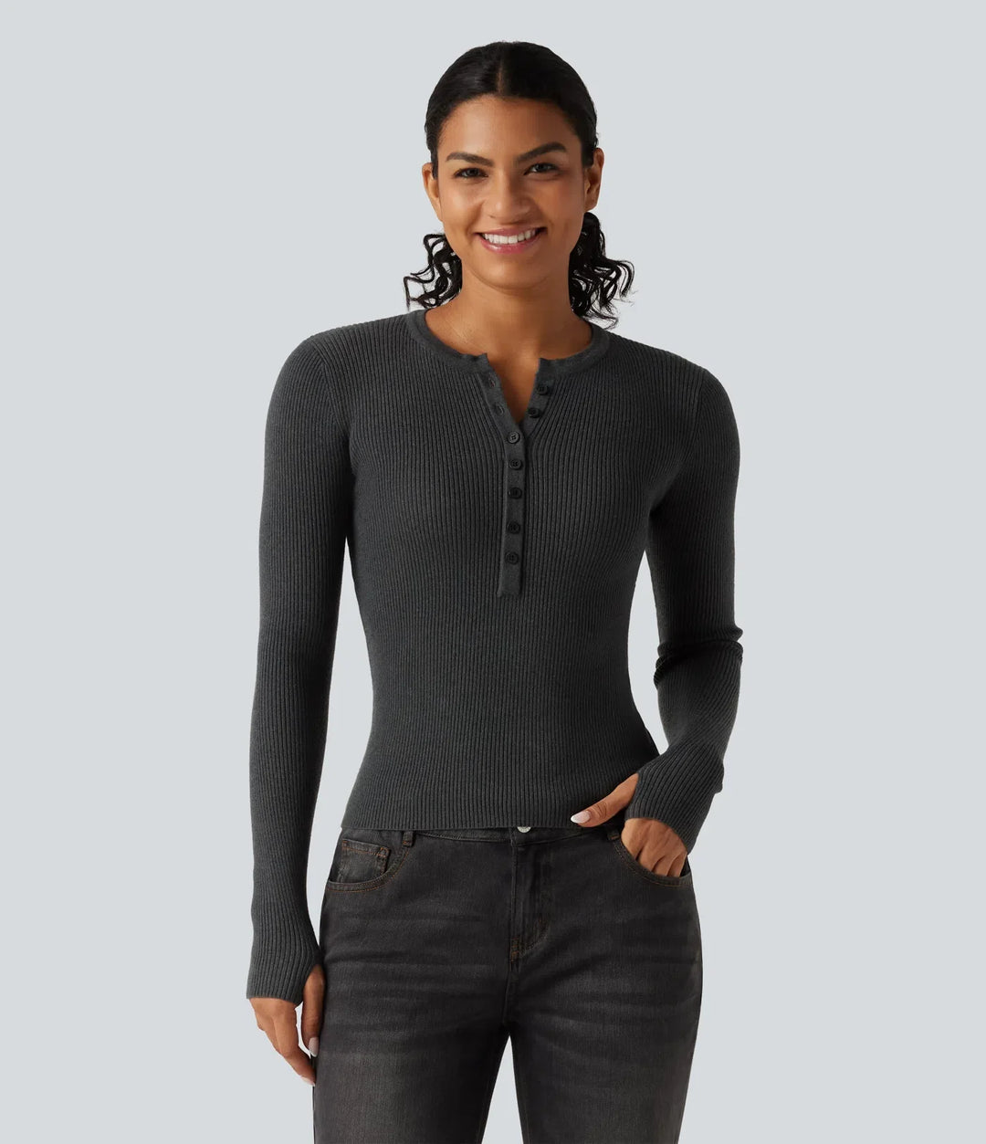 Henley Neck Long Sleeve Thumb Hole Work Wool-Blend Jumper