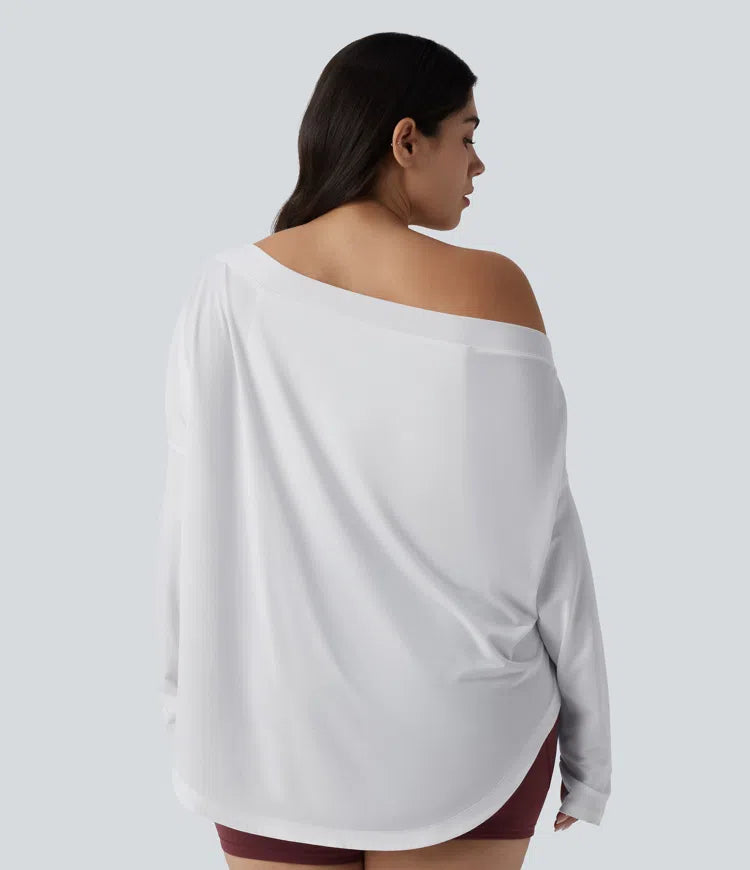 One Shoulder Long Sleeve Thumb Hole Curved Hem High Low Quick Dry Yoga Plus Size Sports Top-Built-in Bra