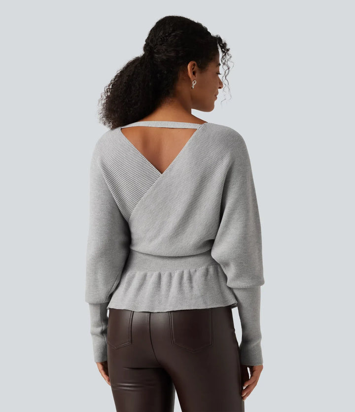 V Neck Batwing Long Sleeve Cut Out Casual Jumper